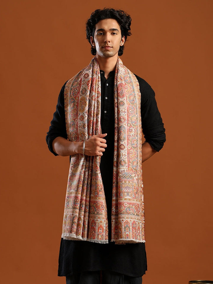 Tweedle Wool Blend Kani Shawl for Men – Off White, Size – 40x80