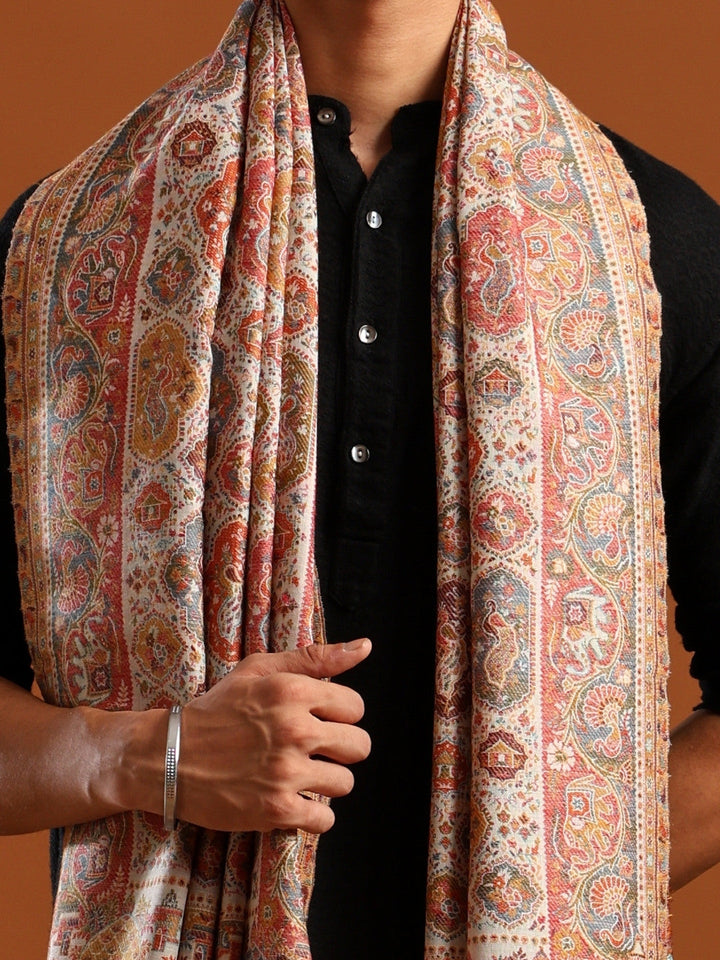 Tweedle Wool Blend Kani Shawl for Men – Off White, Size – 40x80