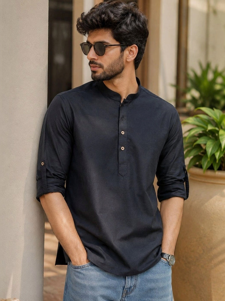 Black Pure Cotton Slub Short Kurta