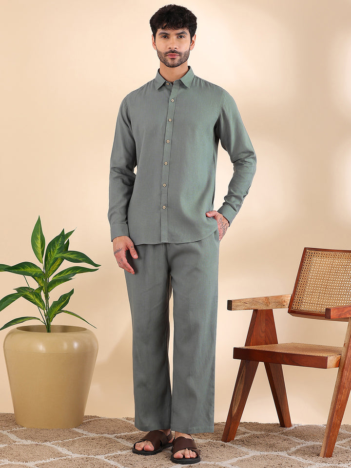 Men Linen Solid Co-ord Set