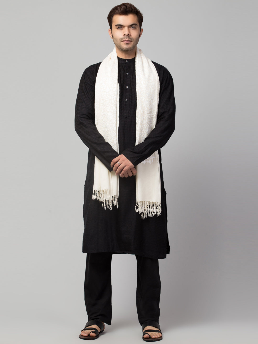 Pure Wool White on White Kashmiri Embroidery Stole