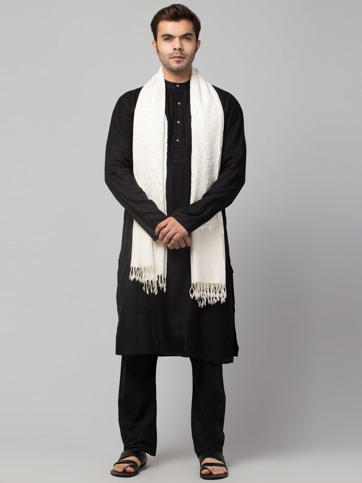 Pure Wool White on White Kashmiri Embroidery Stole