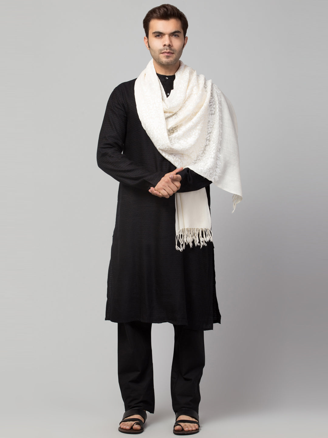 Pure Wool White on White Kashmiri Embroidery Stole