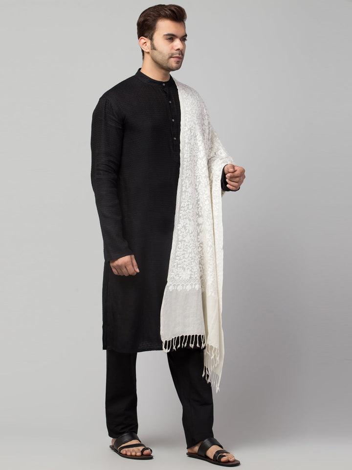 Pure Wool White on White Kashmiri Embroidery Stole