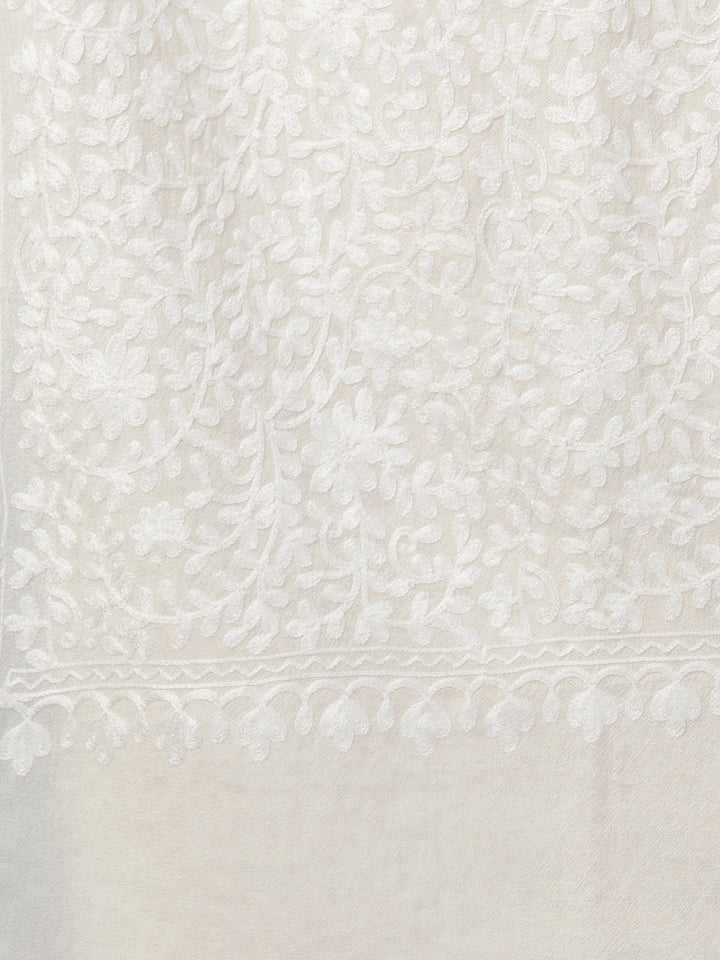 Pure Wool White on White Kashmiri Embroidery Stole