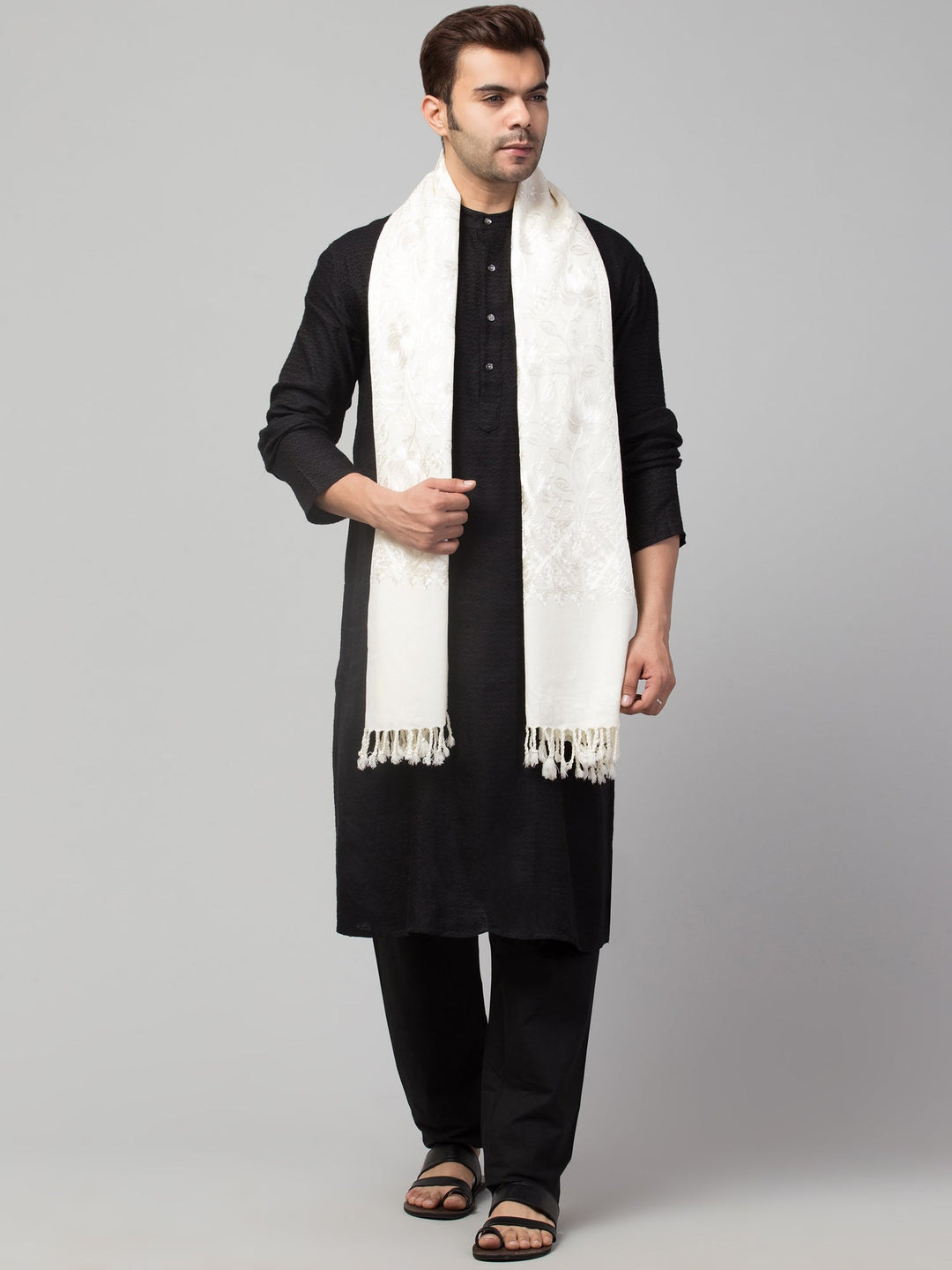 Tweedle Men’s Wool Blend Kashmiri Aari Embroidery Stole / Scarf for Winter - Off- White