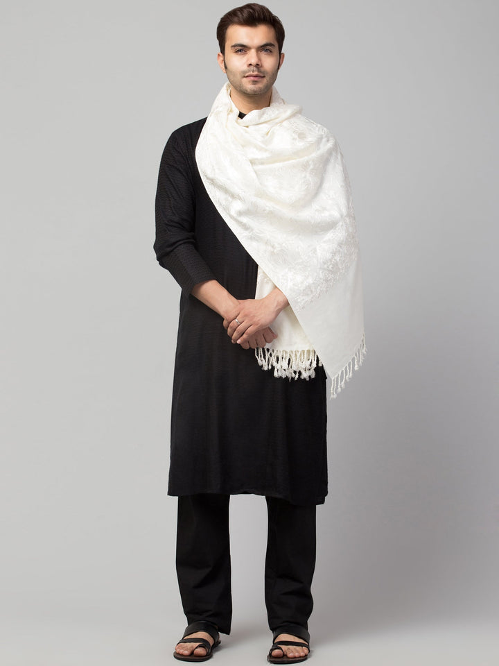 Tweedle Men’s Wool Blend Kashmiri Aari Embroidery Stole / Scarf for Winter - Off- White