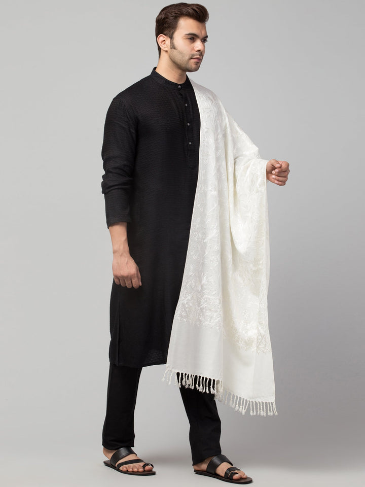 Tweedle Men’s Wool Blend Kashmiri Aari Embroidery Stole / Scarf for Winter - Off- White