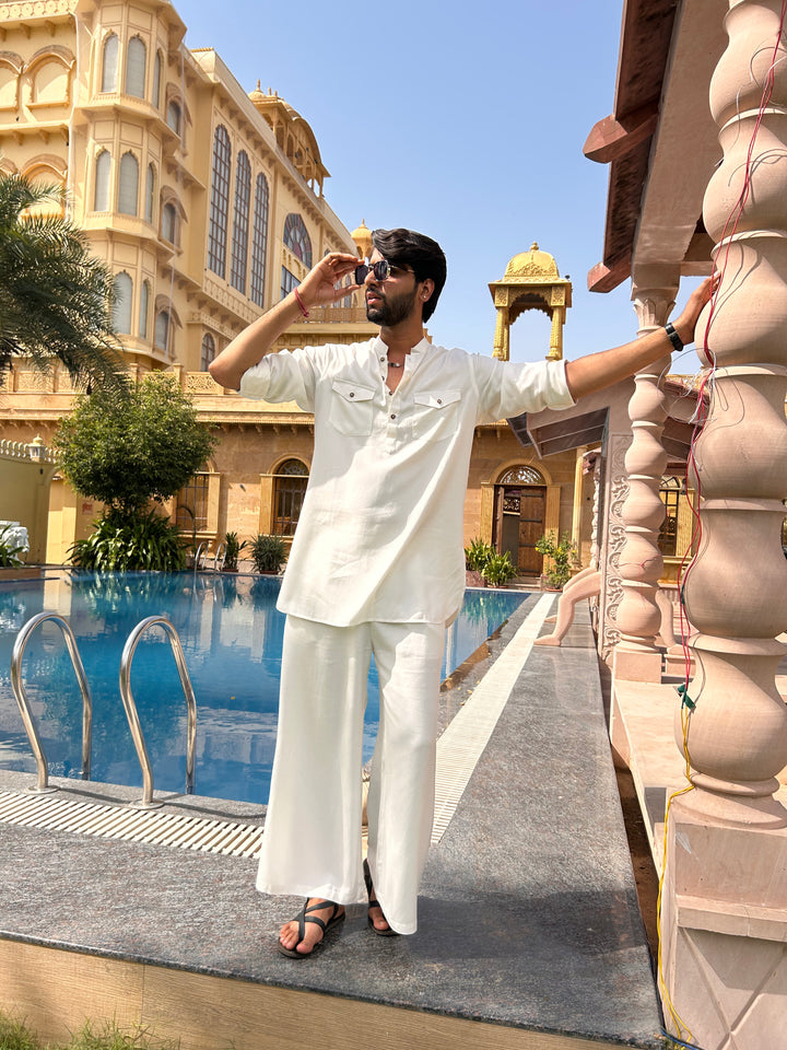 Men's White Rayon Solid Pathani Set