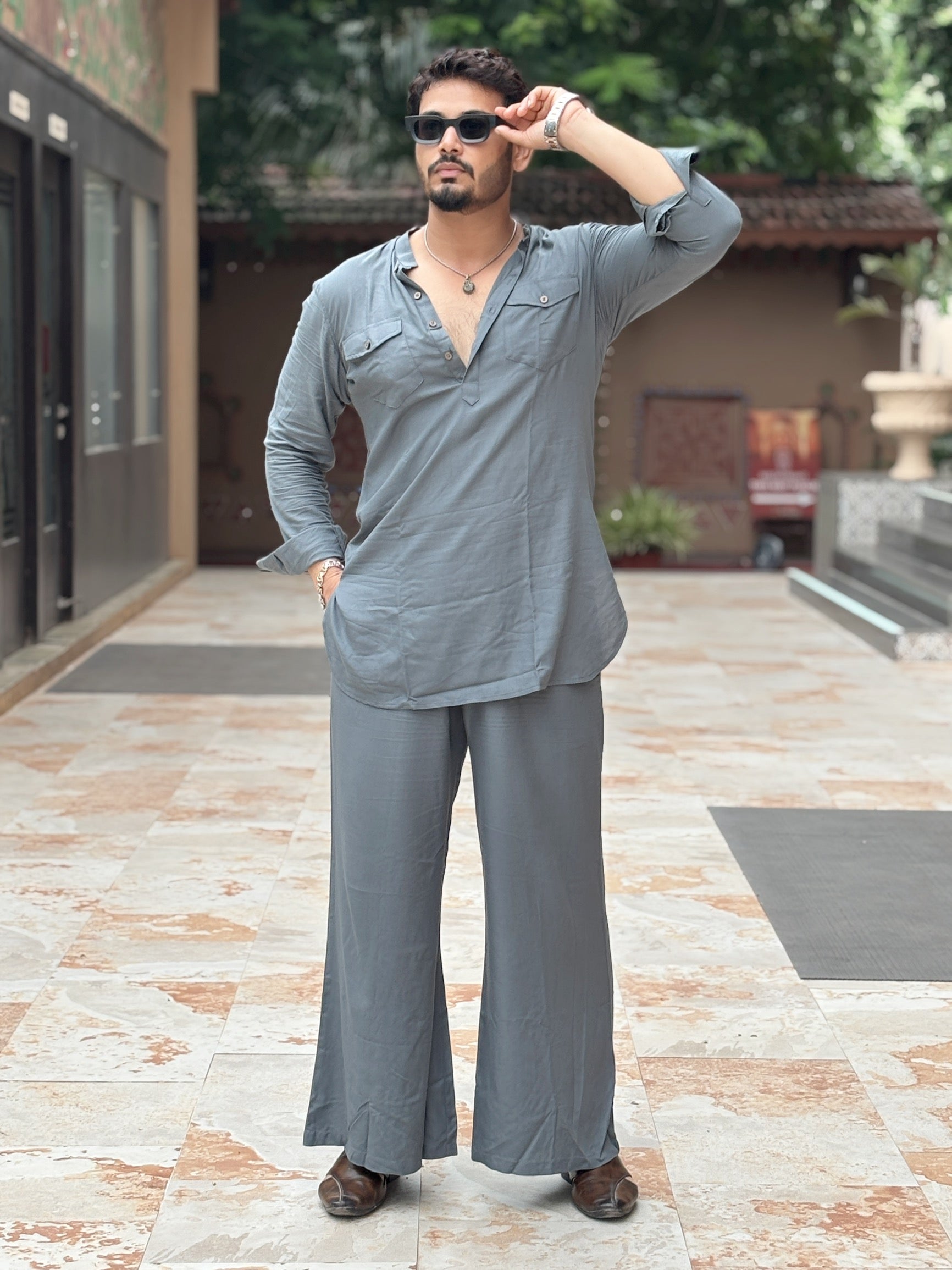 Men's Gray Rayon Solid Pathani Set