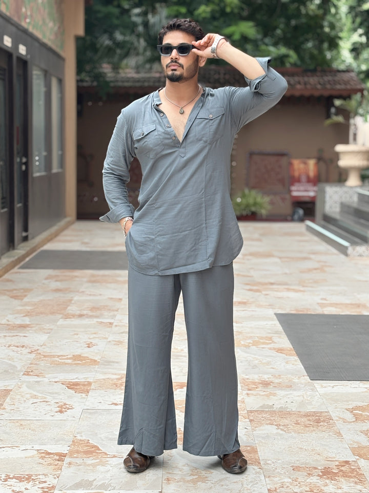 Men's Gray Rayon Solid Pathani Set