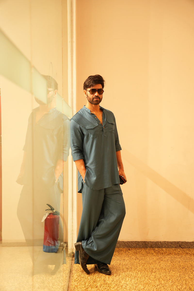 Men's Gray Rayon Solid Pathani Set