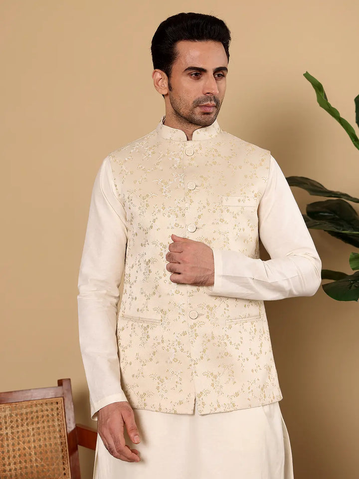 Men's Woven Design Cream Embroidered Nehru Jacket