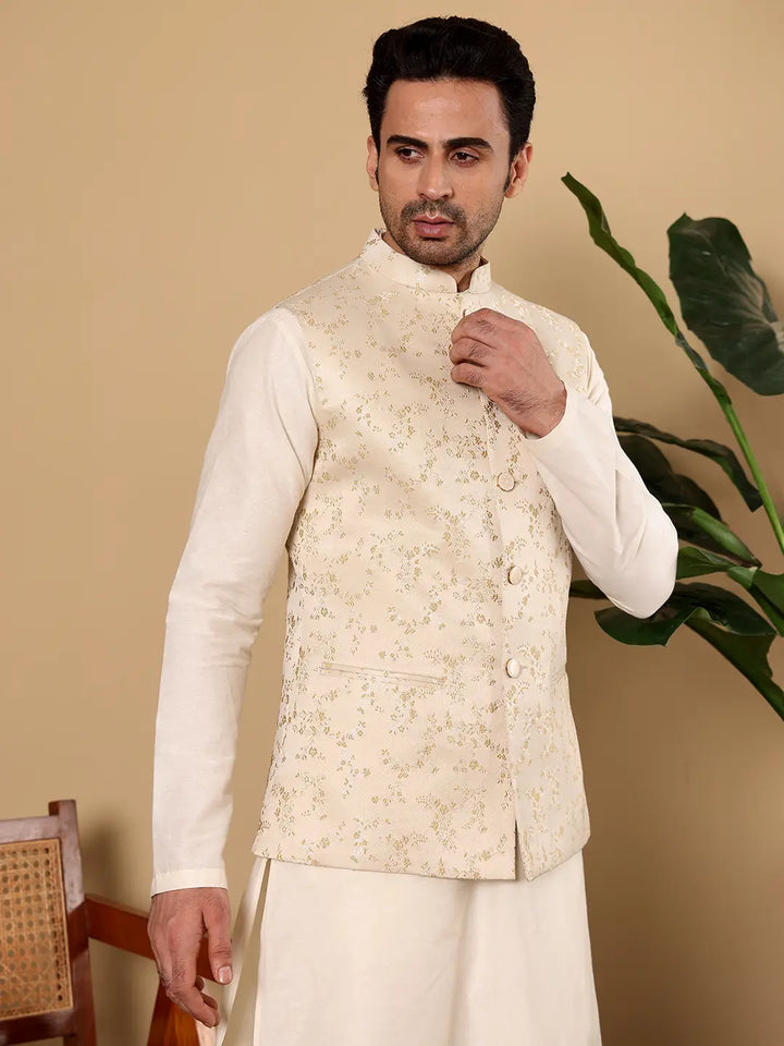 Men's Woven Design Cream Embroidered Nehru Jacket