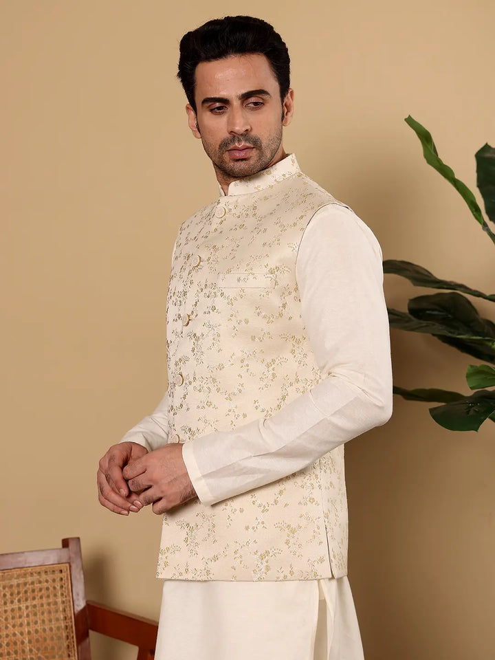 Men's Woven Design Cream Embroidered Nehru Jacket