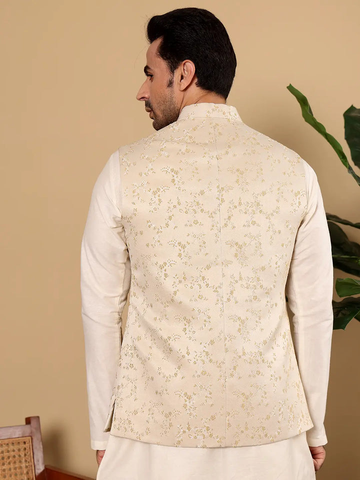 Men's Woven Design Cream Embroidered Nehru Jacket