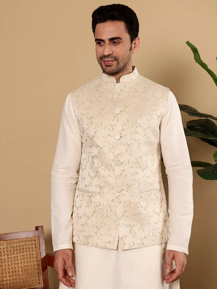Men's Woven Design Cream Embroidered Nehru Jacket
