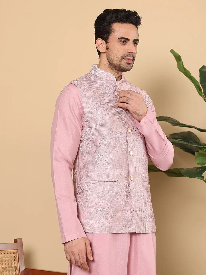 Men's Woven Design Pink Embroidered Nehru Jacket