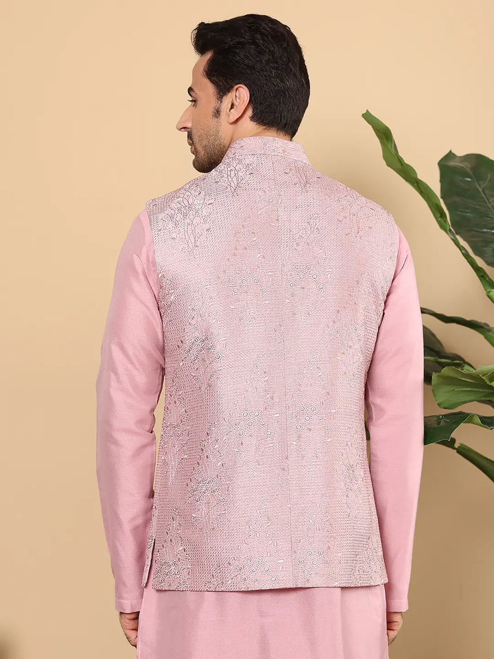 Men's Woven Design Pink Embroidered Nehru Jacket