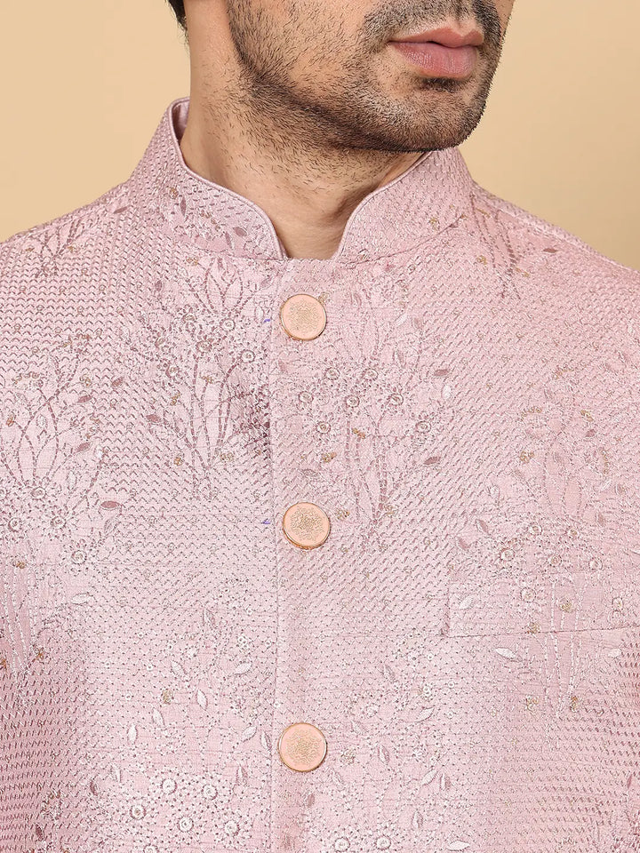 Men's Woven Design Pink Embroidered Nehru Jacket
