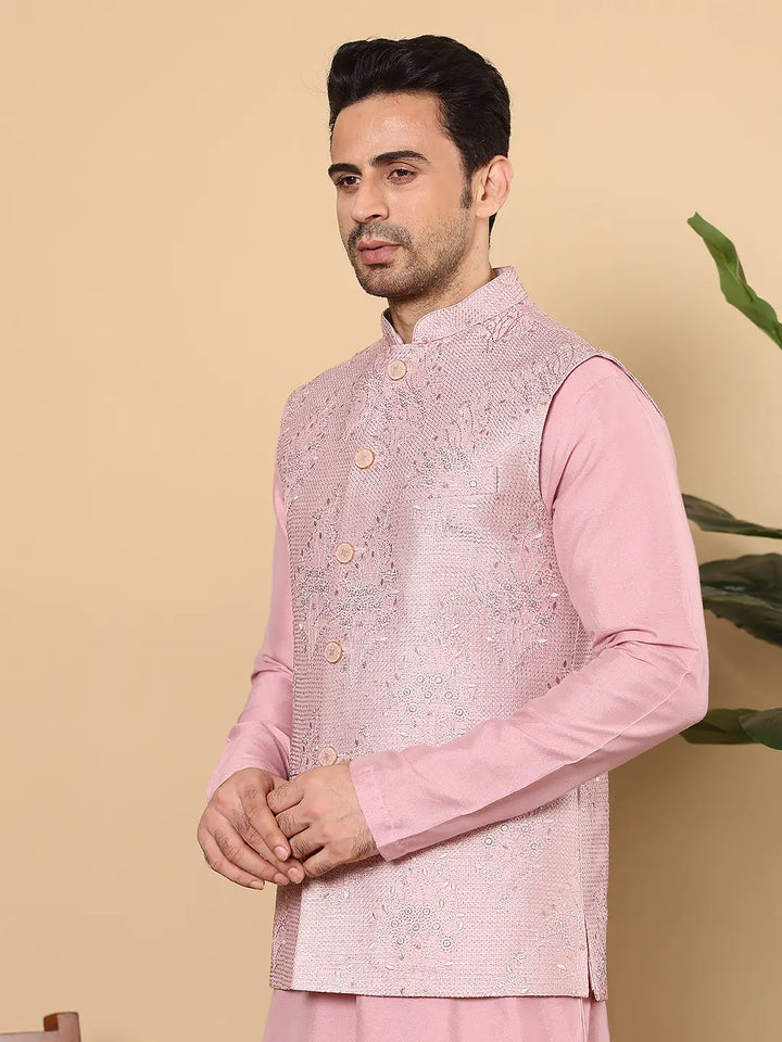 Men's Woven Design Pink Embroidered Nehru Jacket
