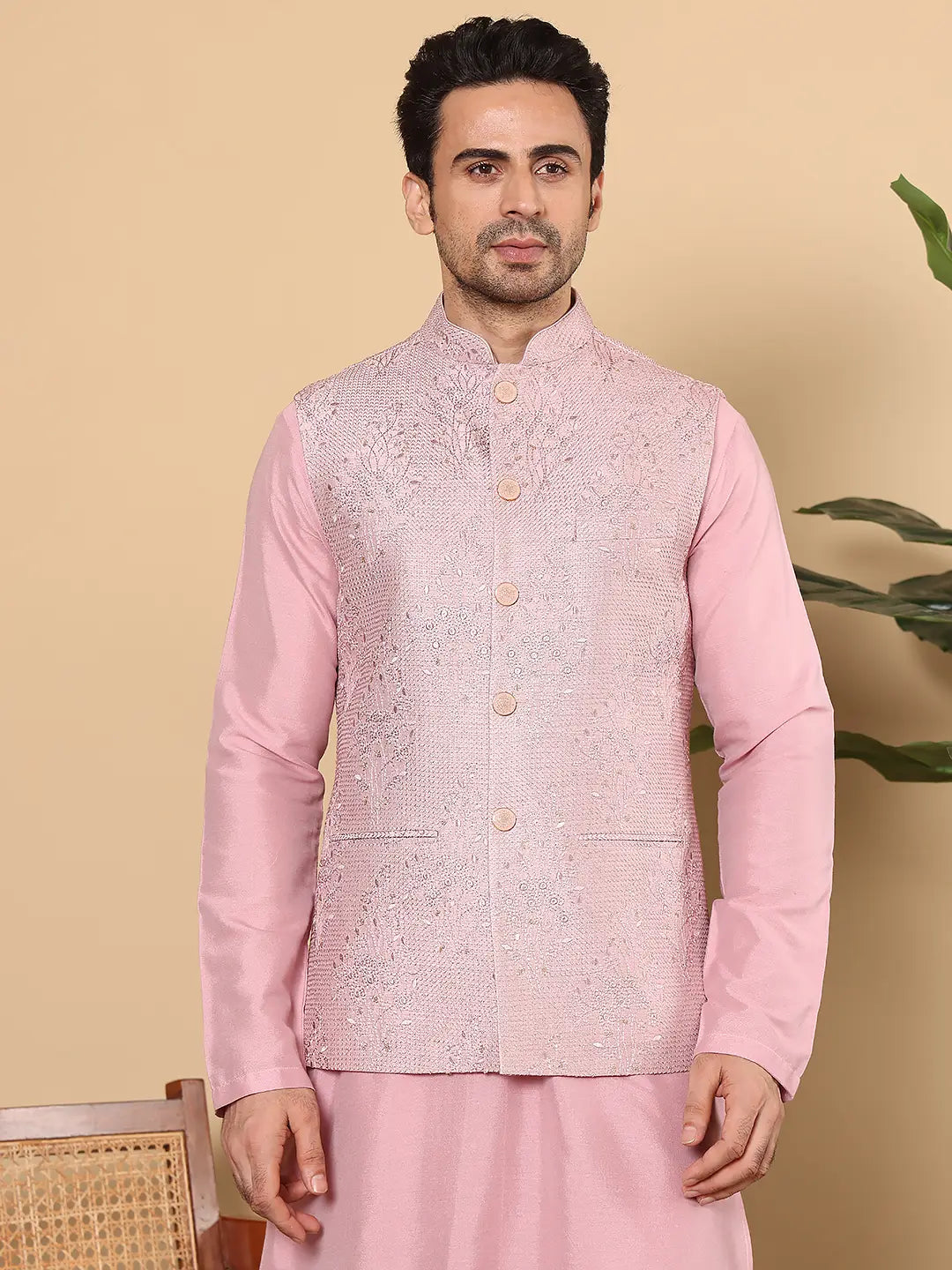 Men's Woven Design Pink Embroidered Nehru Jacket