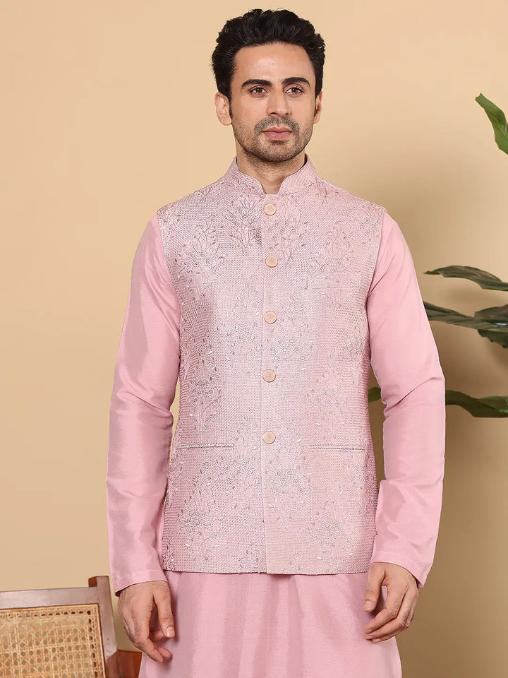 Men's Woven Design Pink Embroidered Nehru Jacket