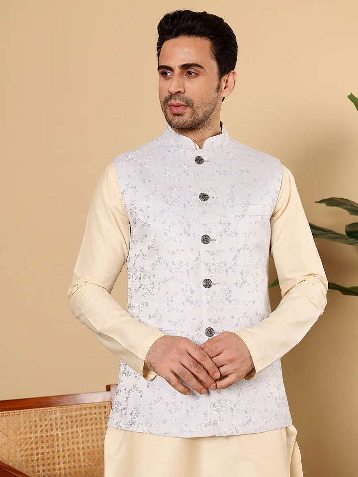 Men's Woven Design Light Blue Embroidered Nehru Jacket