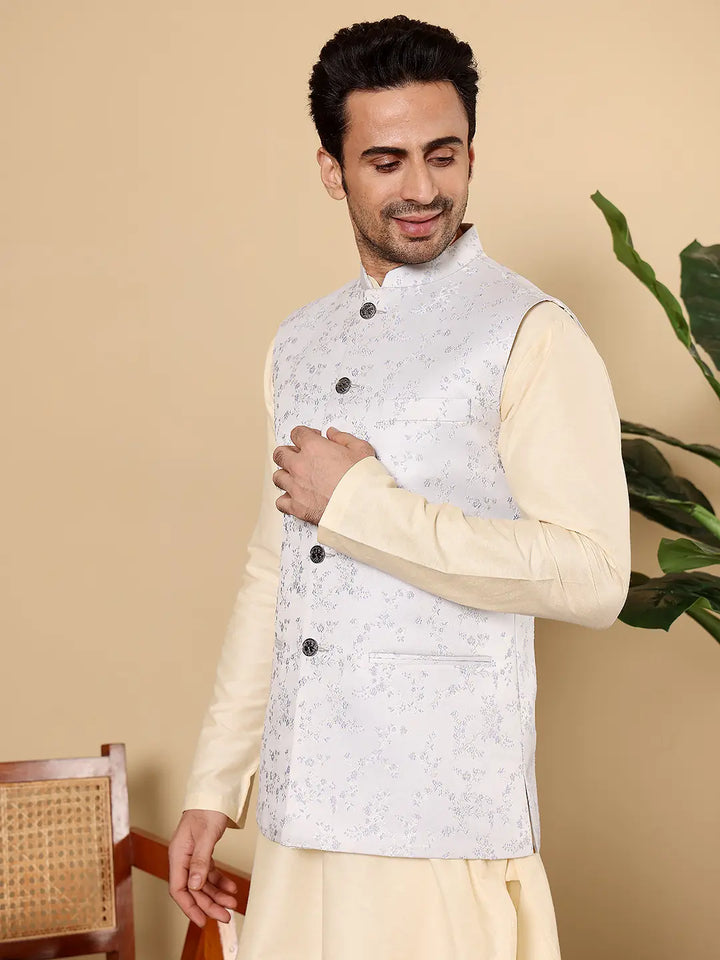 Men's Woven Design Light Blue Embroidered Nehru Jacket