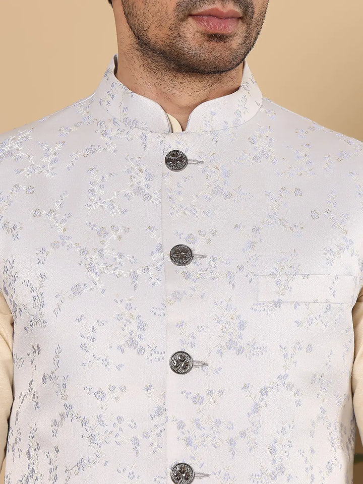 Men's Woven Design Light Blue Embroidered Nehru Jacket