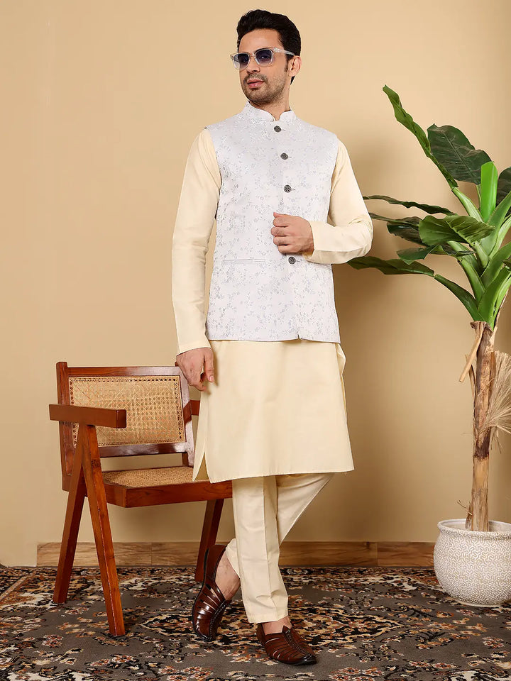 Men's Woven Design Light Blue Embroidered Nehru Jacket