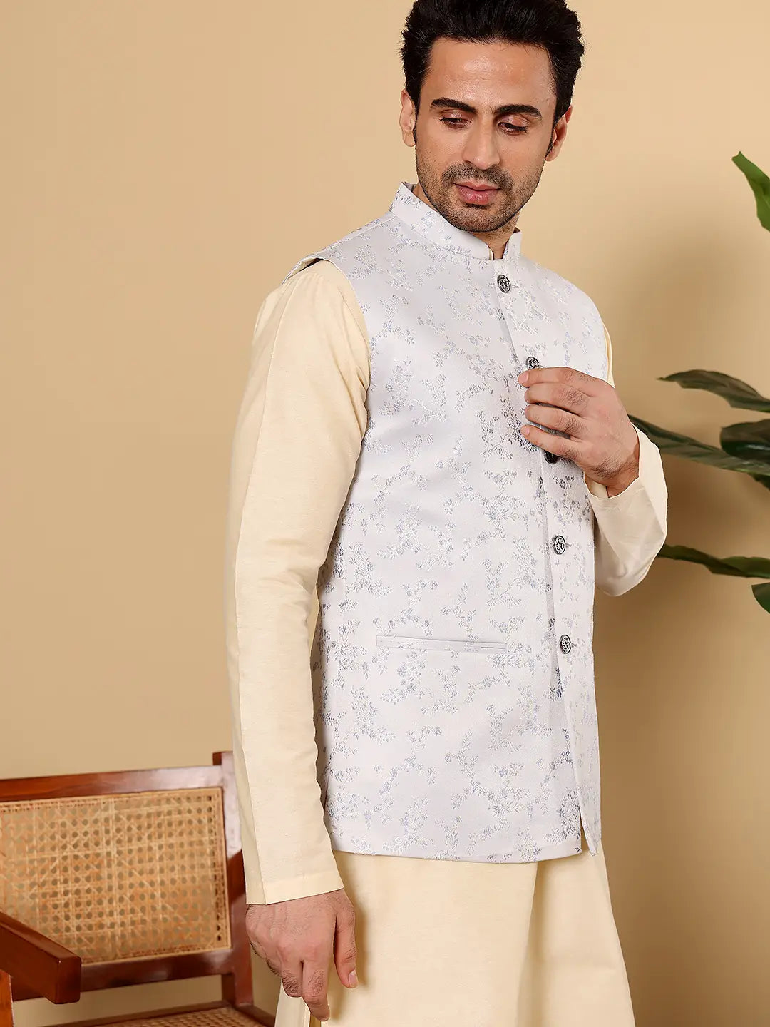 Men's Woven Design Light Blue Embroidered Nehru Jacket