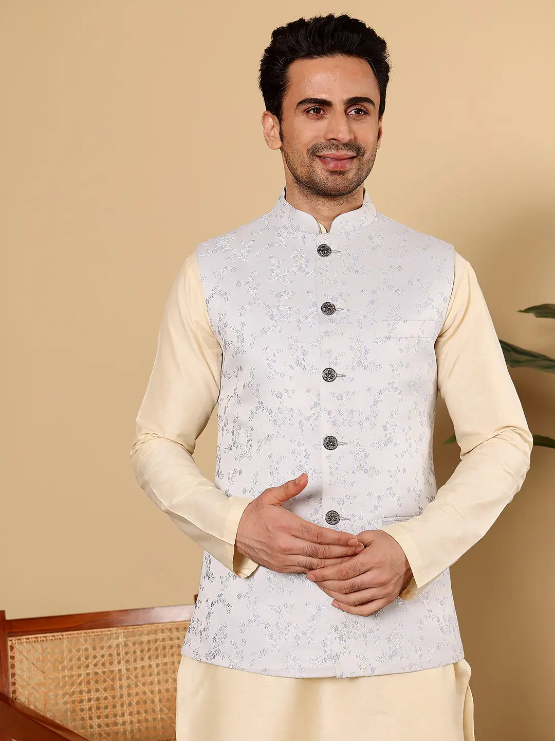 Men's Woven Design Light Blue Embroidered Nehru Jacket