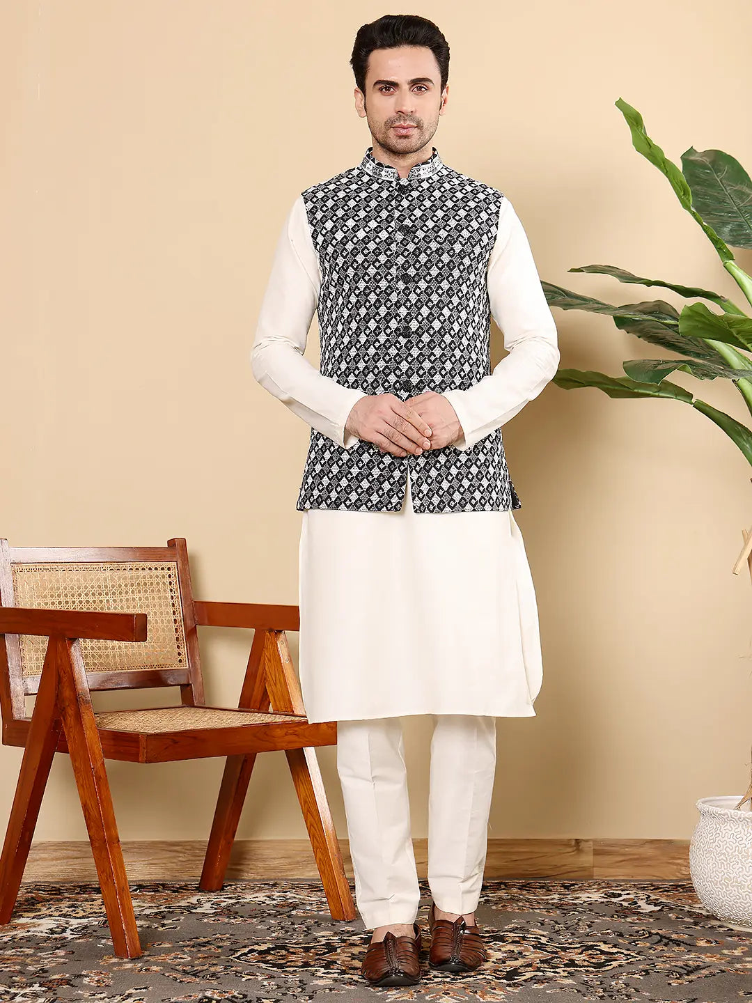 Men's Woven Design Black and White Embroidered Nehru Jacket