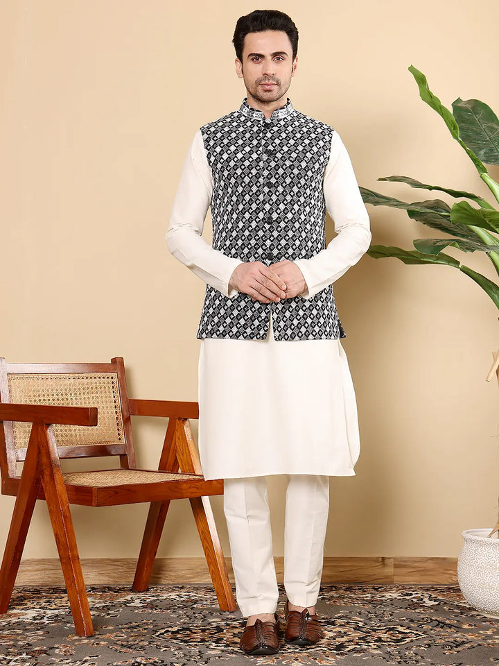 Men's Woven Design Black and White Embroidered Nehru Jacket