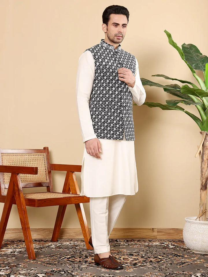 Men's Woven Design Black and White Embroidered Nehru Jacket