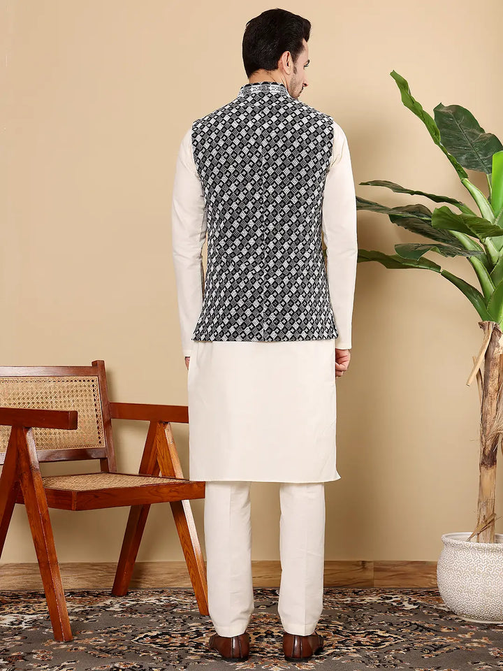 Men's Woven Design Black and White Embroidered Nehru Jacket