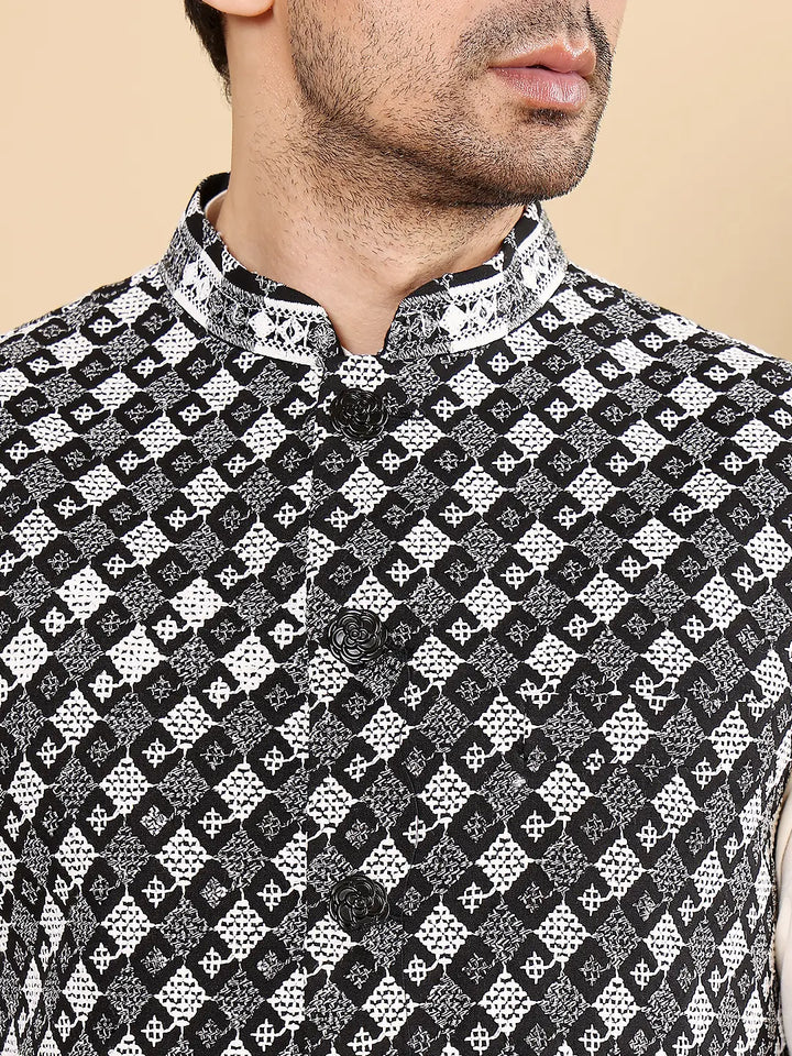 Men's Woven Design Black and White Embroidered Nehru Jacket