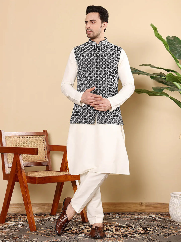 Men's Woven Design Black and White Embroidered Nehru Jacket