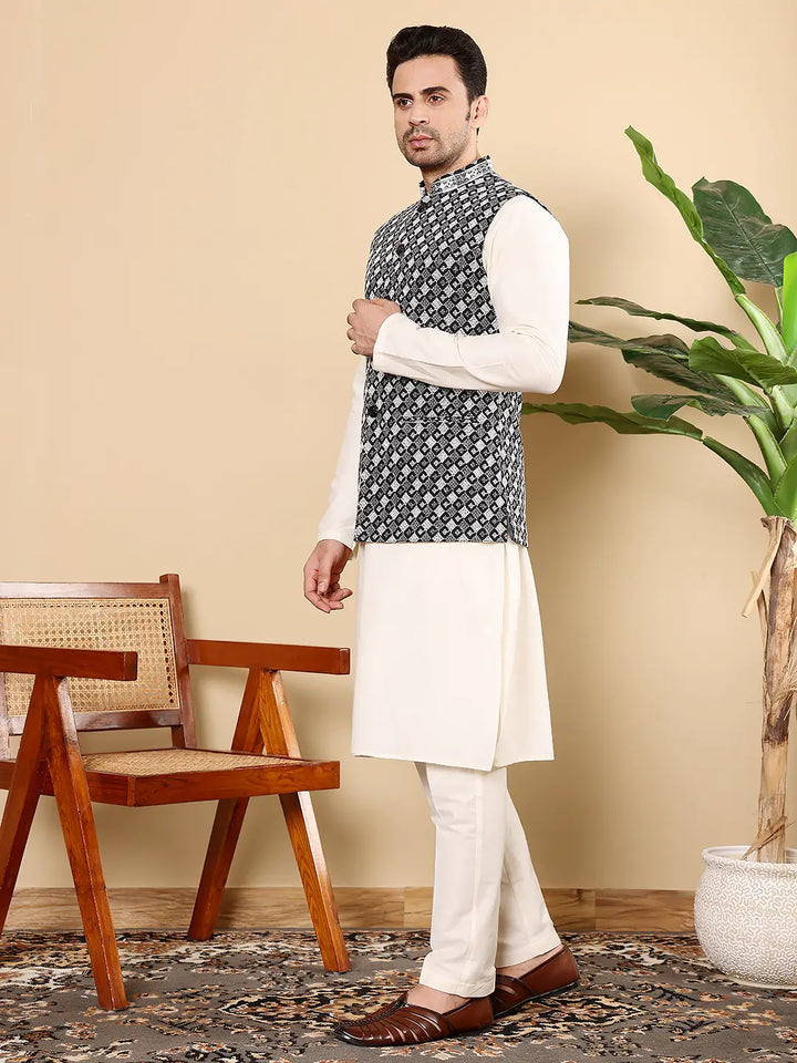 Men's Woven Design Black and White Embroidered Nehru Jacket