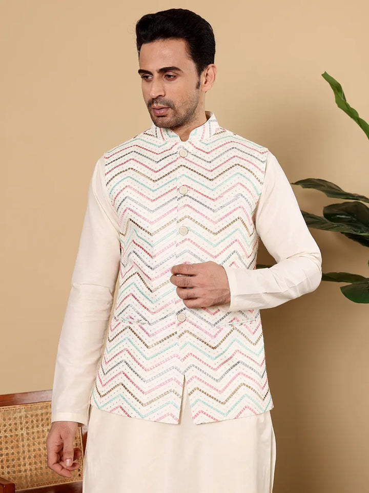 Men's Woven Design White Embroidered Nehru Jacket