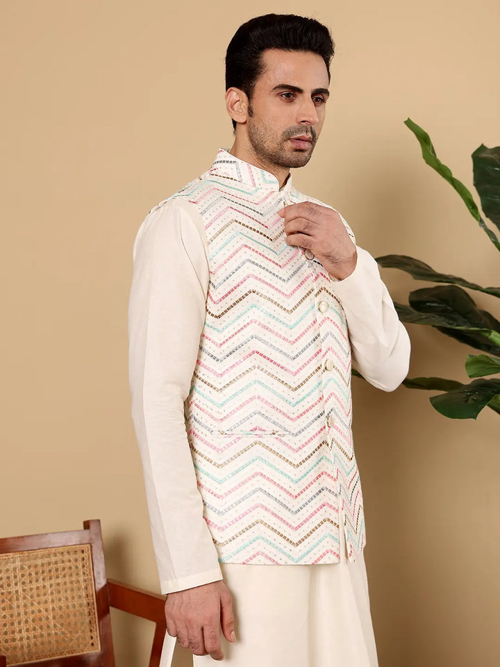 Men's Woven Design White Embroidered Nehru Jacket