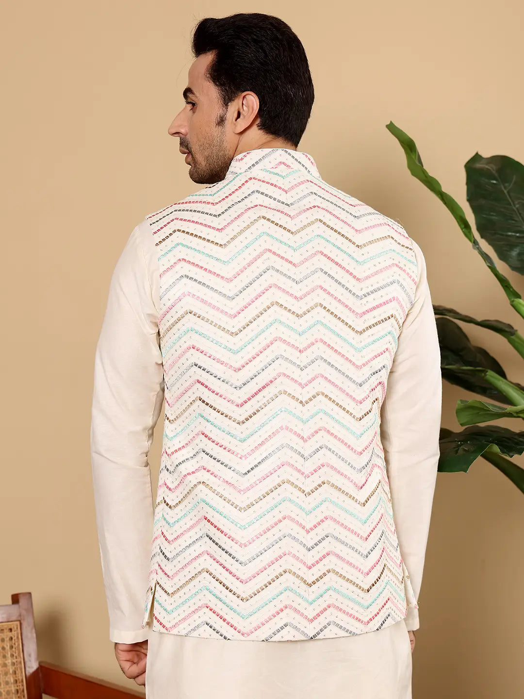 Men's Woven Design White Embroidered Nehru Jacket