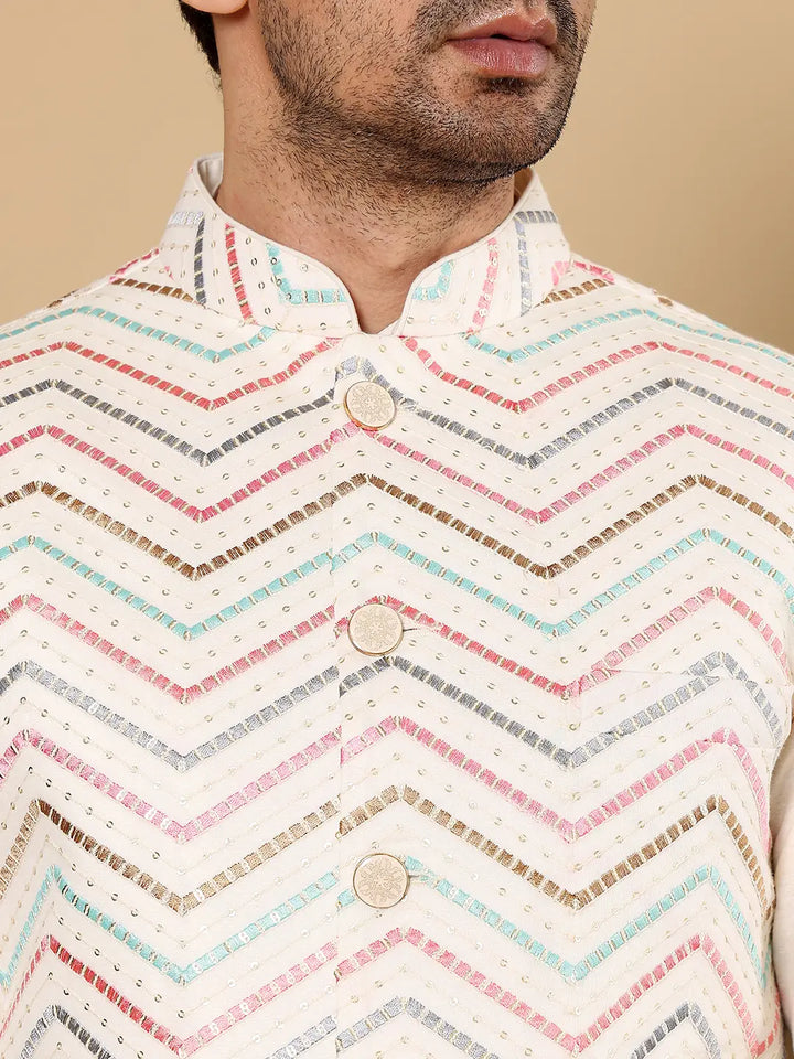 Men's Woven Design White Embroidered Nehru Jacket