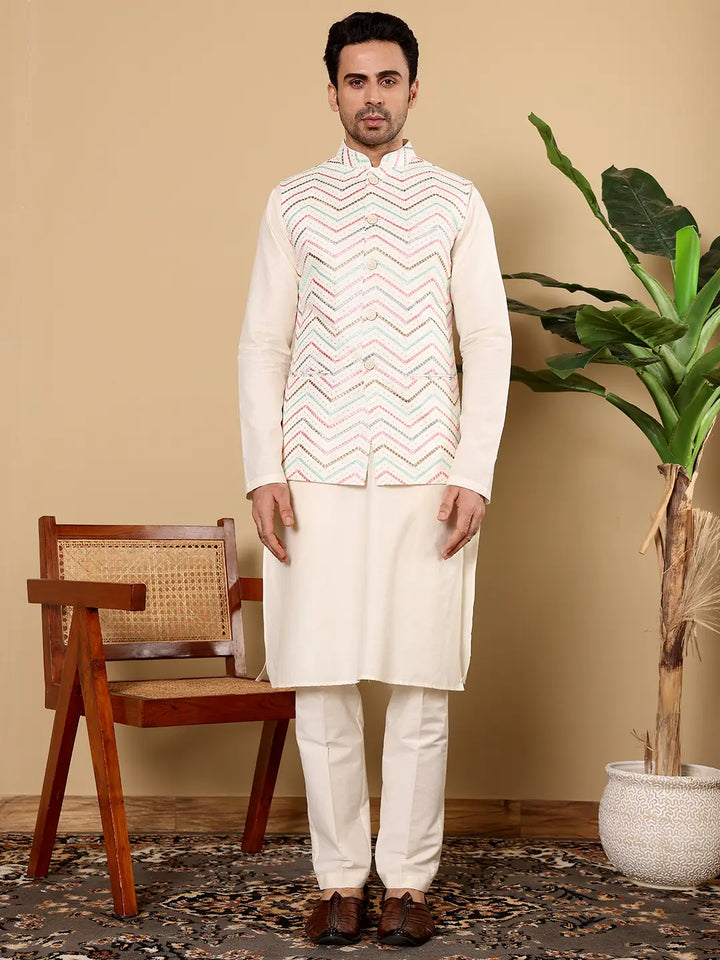 Men's Woven Design White Embroidered Nehru Jacket
