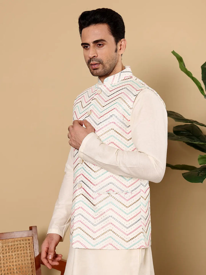 Men's Woven Design White Embroidered Nehru Jacket