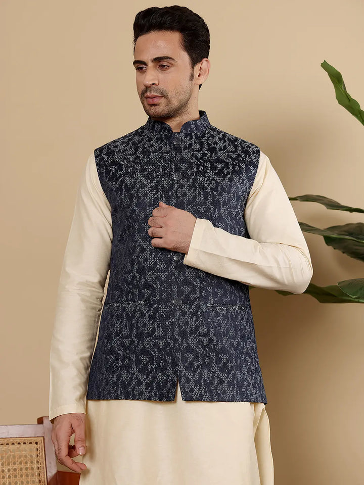 Men's Woven Design Blue Embroidered Nehru Jacket