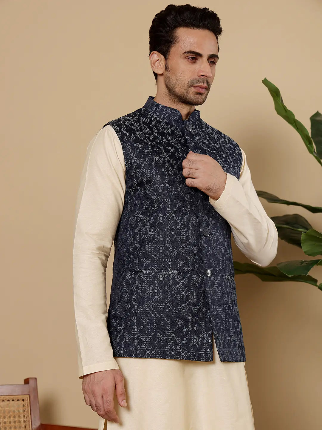 Men's Woven Design Blue Embroidered Nehru Jacket
