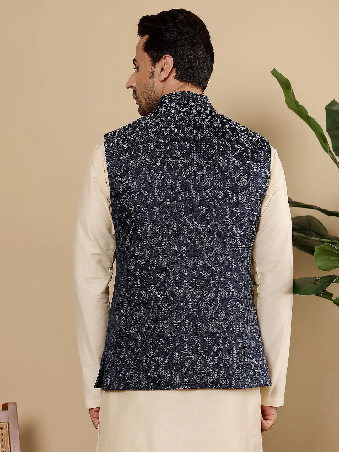Men's Woven Design Blue Embroidered Nehru Jacket