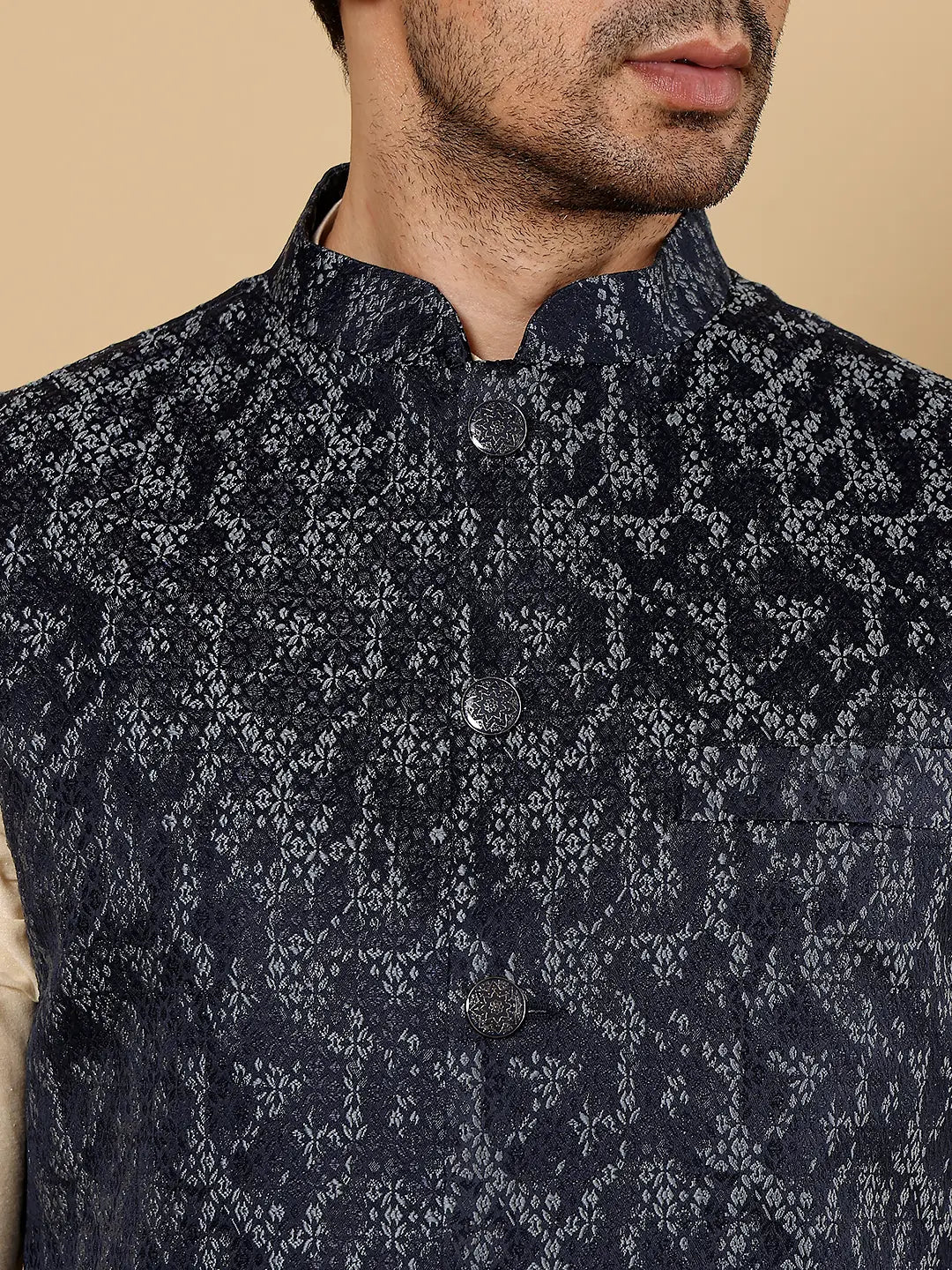 Men's Woven Design Blue Embroidered Nehru Jacket